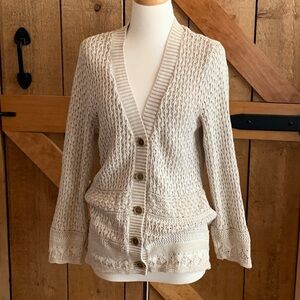 Women’s EDDIE BAUER Button Down Cardigan Beige Knit Sweater Size Petite Large